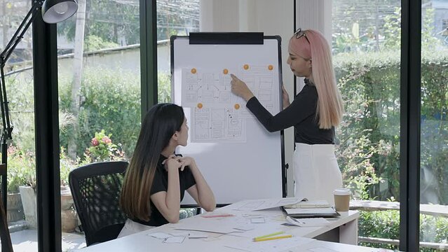 UX or UI designer women designing tablet smartphone application on white board with mockup layout prototype.