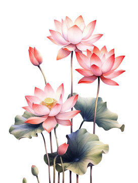 Serene Beauty of Blooming Lotus Flowers in a Watercolor Painting