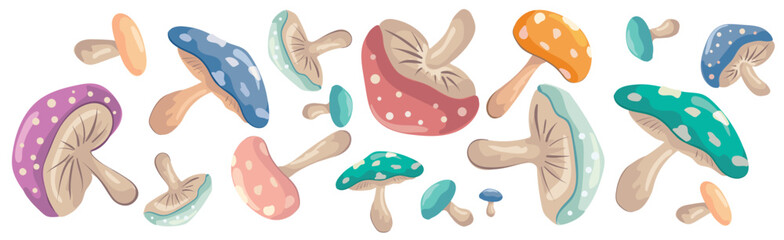A set of colored mushrooms of different sizes and shapes drawn with lines and colored shapes. For design, decoration, invitations, cards.