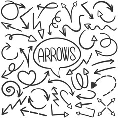 Arrows Doodle Icons Black and White Line Art. Comic Clipart Hand Drawn Symbol Design.