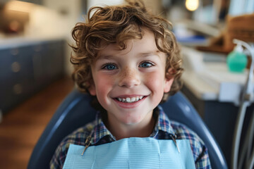 Happy smiling boy sitting in dentist chair. Visit to the dentist without fear. Oral hygiene and dental examination in children for the prevention of caries - obrazy, fototapety, plakaty