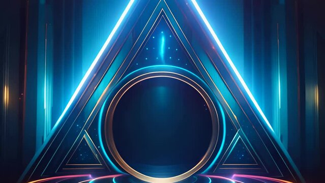 Abstract geometric background with colorful glowing neon appear and podium for product presentation. Led lamp. Fluorescent ultraviolet, colorful lighting. Technology, 4K. 3d loop animation
