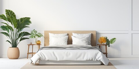 Contemporary minimal bedroom with a tropical touch. White bed linen, mirror, side lamp create a cozy ambiance.