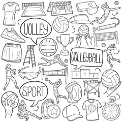 Volleyball Doodle Icons Black and White Line Art. Volley Clipart Hand Drawn Symbol Design.