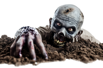 Zombie man isolated on transparent background. Bloody male zombie crawls out of the grave soil and stretches out its arms. Zombie apocalypse