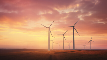 Wind turbines on the sea in the sunset