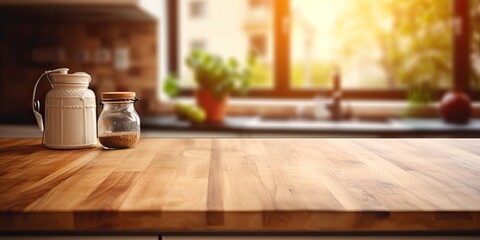 Fototapeta na wymiar Blurred kitchen interior with wooden table.