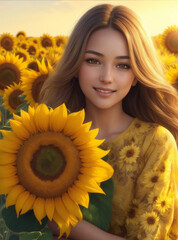 Sunlit Beauty: Radiant Portrait of a Girl Amidst the Sunflower Symphony, generative ai