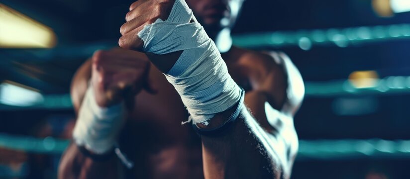 The tough boxer wrapping his hand with tape in preparation for the fight.
