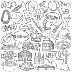 New Orleans Doodle Icons Black and White Line Art. Louisiana Clipart Hand Drawn Symbol Design.
