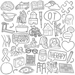 Occupational Therapy Doodle Icons Black and White Line Art. Therapist Clipart Hand Drawn Symbol Design.