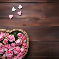 Pink roses in a heart shaped basket on a wooden background, Valentine's day, wedding, love illustration, space for text.