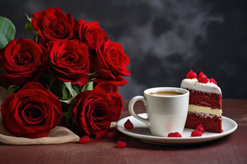 A piece of beautifully decorated red velvet chocolate cake Waldorf (Red) Cake, a cup of coffee and a bouquet of red roses for Valentine's Day or birthday on a gray background. Space for text