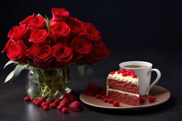 A piece of beautifully decorated red velvet chocolate cake Waldorf (Red) Cake, a cup of coffee and a bouquet of red roses for Valentine's Day or birthday on a gray background. Space for text