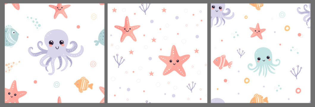 Set of seamless patterns with cute sea inhabitants, starfish, octopus, fish on a white background. Awesome characters for children's textiles, clothing, wallpaper.