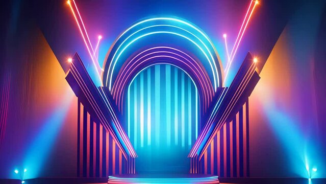 Abstract geometric background with colorful glowing neon appear and podium for product presentation. Led lamp. Fluorescent ultraviolet, colorful lighting. Technology, 4K. 3d loop animation