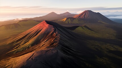 Bird's eye view of mountain range at sunset - Powered by Adobe