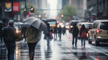 Crowd of people walking in the city in the rainy day