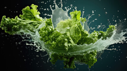Smooth Fresh organic raw Kale leaf cabbage Vegetables falling into water and splashes created with Generative AI Technology