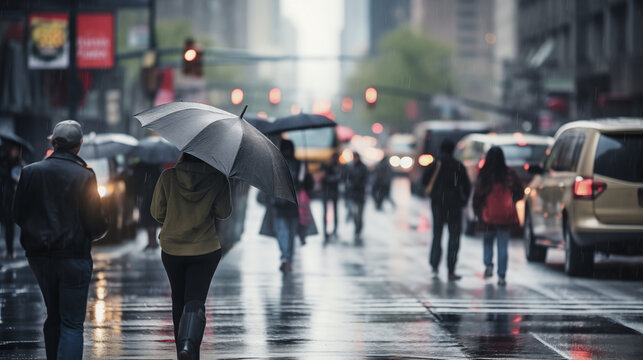 Crowd Of People Walking In The City In The Rainy Day