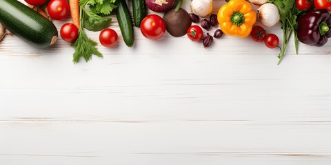 Vegetables on white wood background for menu or recipe mockup.