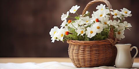 Vintage white ceramic cup with fresh flowers in an old basket. Wooden table and background. Close up.