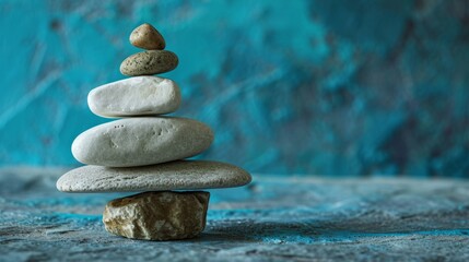 Stone Balancing. Balancing rocks on blue background. Stacking. Rocks are piled in balanced stacks
