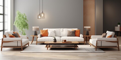 Modern furniture set with sofa and tables in a -rendered living room. - obrazy, fototapety, plakaty