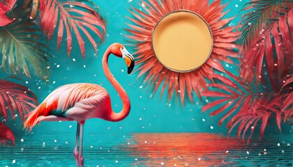 flamingo tropical disco style bright background travel concept - obrazy, fototapety, plakaty