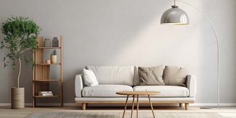 Sophisticated living room with gray lamp, beige couch, ladder, and wooden round table.