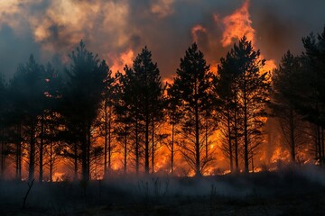 Fototapeta premium A beautiful wild forest on a mountain, engulfed in fire with a lot of smoke