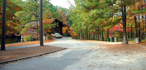 Covered bridge at Fall season Georgia, USA.