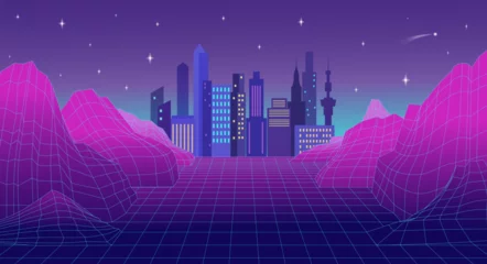 Foto op Aluminium Metaverse background. XR city buildings. VR game. Purple sky. Issues of business and travel. GPS network. 3D wireframe surface. Urban skyscrapers. Cyber simulation. Vector trendy banner © SpicyTruffel