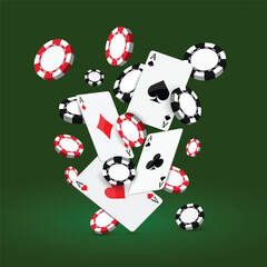 Falling casino chips with poker cards on green background vector