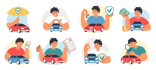 Car rent. Care auto service. Insurance document. Safety for drivers. Automobile costs. Accident with transport or claim to policy. Protection umbrella. Sedan buying. Vector flat icons set