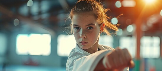 Focused girl performing taekwondo exercises at the gym. - obrazy, fototapety, plakaty
