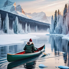 Winter kayaking. Man paddle in green kayak in the winter river at the evening. Back view