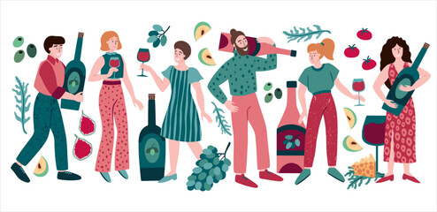 Wine festival. Beaujolais nouveau event. French party poster. Autumn invitation for celebration. People with big glass bottles and grape vines. Alcohol drink holiday. Vector illustration