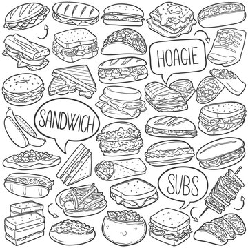 Sandwich Doodle Icons Black and White Line Art. Hoagie Clipart Hand Drawn Symbol Design.