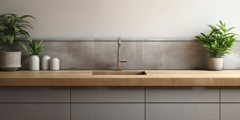  image of empty wooden kitchen countertop with sink and faucet, marble wall tiles, grey storage cabinet, and houseplants.
