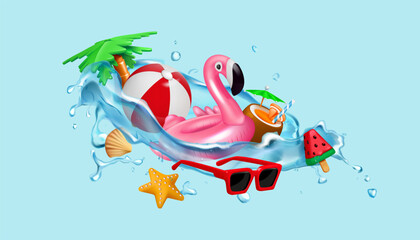 3D summer party. Beach vacation. Summertime holidays journey. Kids toy ball. Inflatable flamingo in sea water splash. Fun festive travel. Ice cream and coconut cocktail. Vector background - obrazy, fototapety, plakaty