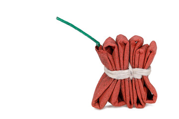 jumping red squib firecracker isolated on white background with copy space
