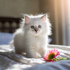 Fluffy pretty kitty and flowers, pet and floral card,  congratulation card