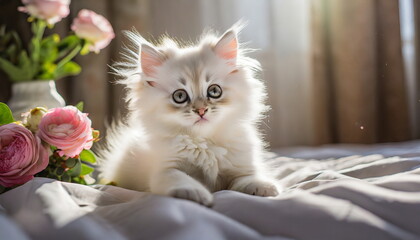 Fototapeta premium Fluffy pretty kitty and flowers, pet and floral card, congratulation card
