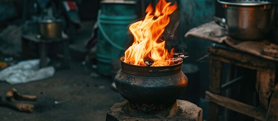 Negative effects of plastic burning on health and atmospheric pollution using an old stove. - obrazy, fototapety, plakaty