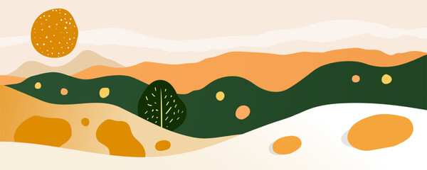 Beautiful abstract landscape. Amazing mountains, fields, meadows, trees and sun on a blue sky in an abstract style. Vector illustration for poster, banner, card or print.