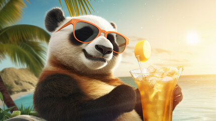 Cute panda in sunglasses and with a tropical cocktail is relaxing on the beach. Vacation concept at sea