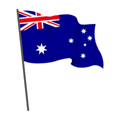 Flag Australia is flying. Official flag Australia flies of flagpole. Independence Day. Banner, flyer, poster template. National flag Australia with coat of arms. Wavy flag Australia.