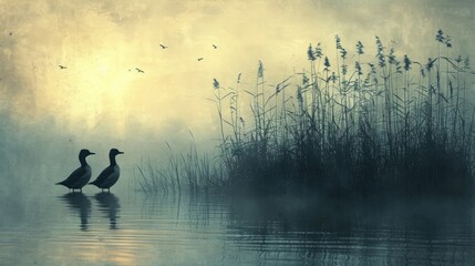 Birdwatching in a serene wetland, abstract bird silhouettes against a backdrop of reeds and a calm lake, peaceful - obrazy, fototapety, plakaty