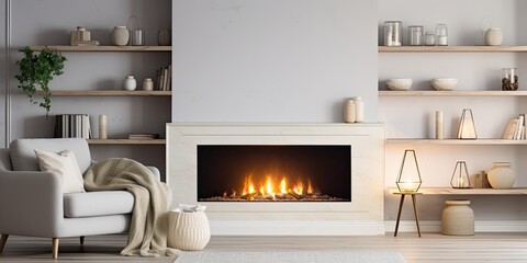 Electric fireplace and shelves in bright living room